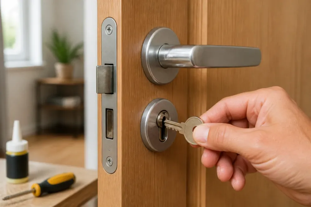 Main tenant une clé, inspectant une serrure de porte résidentielle en gros plan, dans une entrée lumineuse