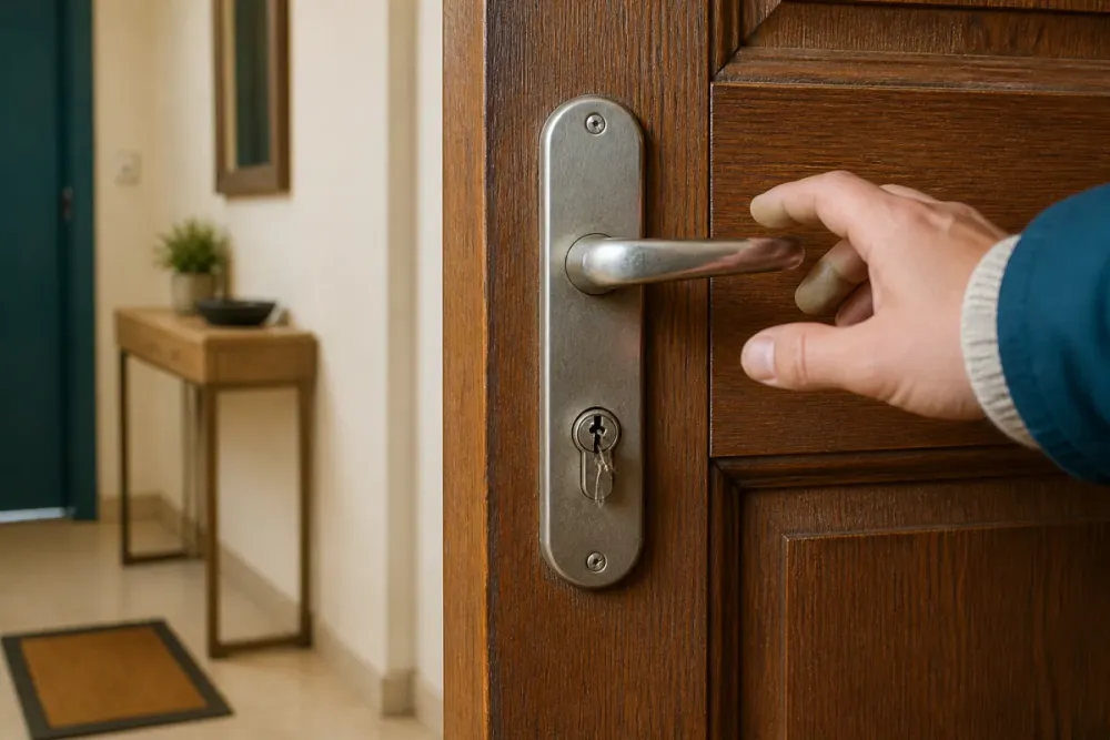 Clé cassée coincée dans la serrure d’une porte d’entrée, main hésitante près de la poignée