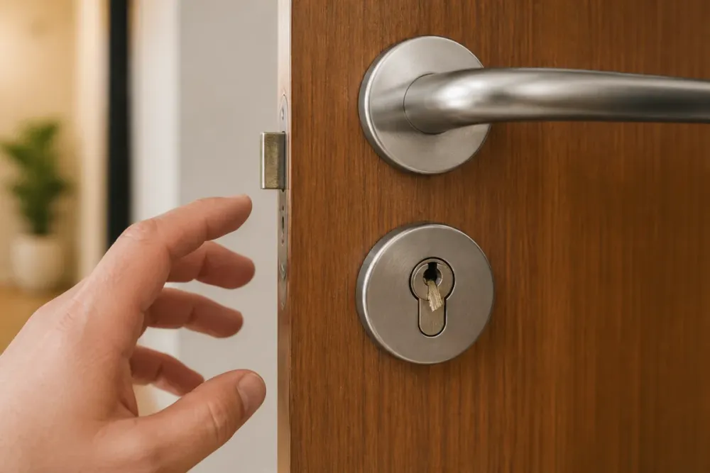 Clé cassée visible dans la serrure d’une porte, main proche sans toucher, scène calme et prudente