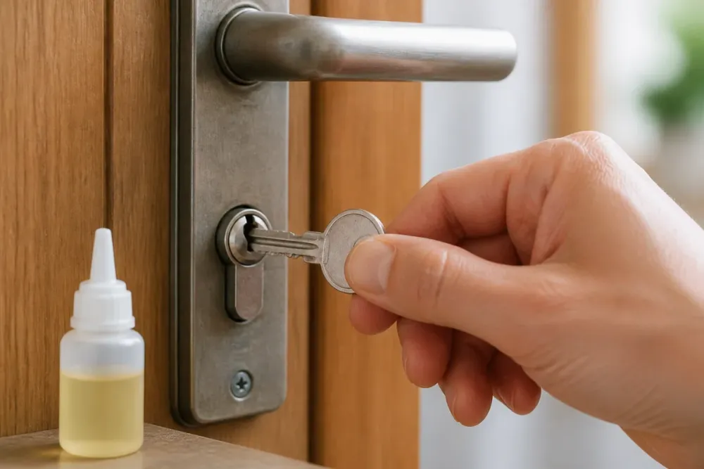 Main insérant une clé dans une serrure grippée, avec flacon de lubrifiant posé à côté
