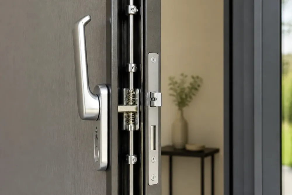 Poignée de porte d’entrée à relevage en position haute, mécanisme multipoints apparent avec carré, ressort et tringles visibles