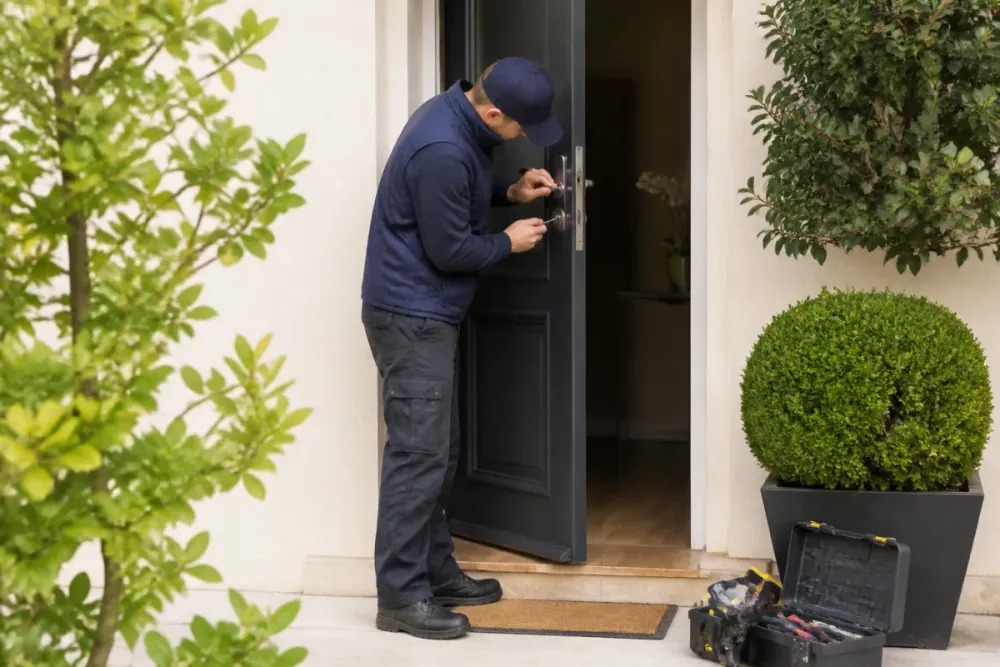 Professionnel intervenant sur la serrure d’une porte de logement