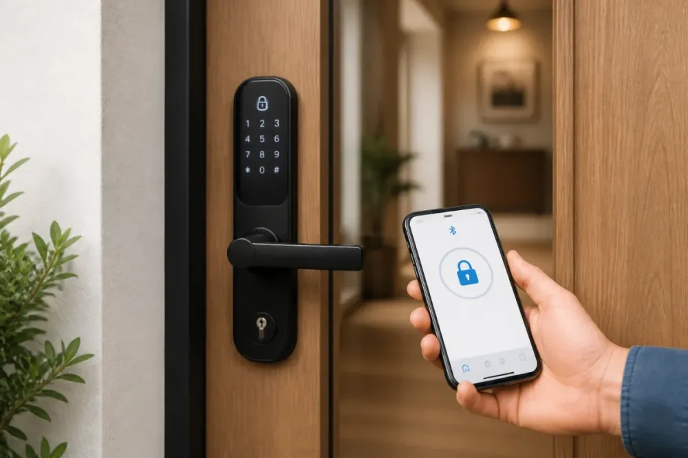 Porte d’entrée moderne avec serrure connectée et smartphone proche, illustrant un fonctionnement local sans wifi