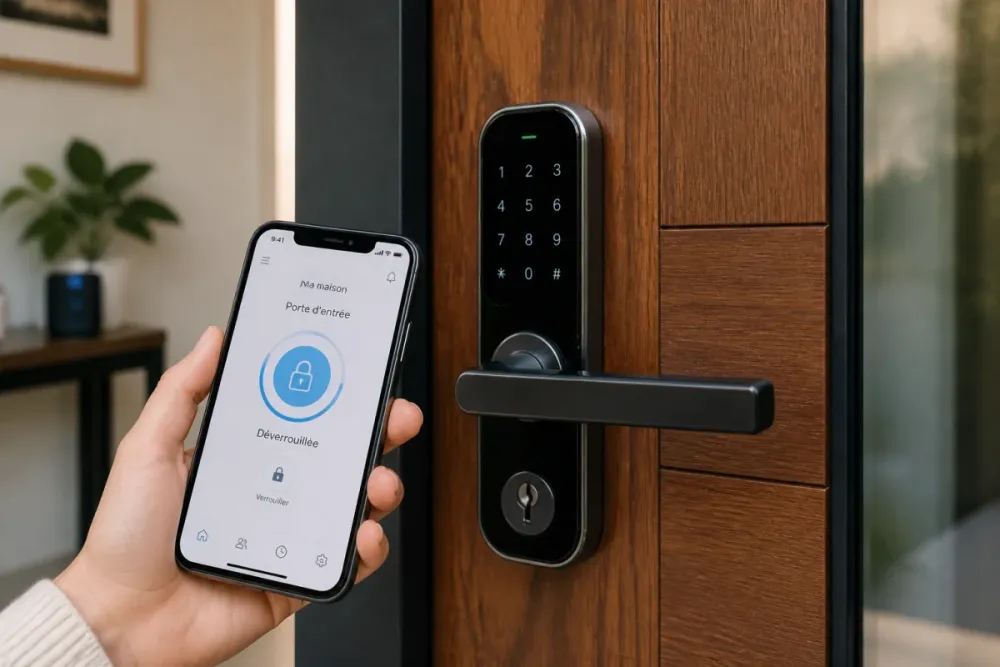 Serrure connectée moderne sur porte d’entrée, main tenant un smartphone pour déverrouillage sans clé